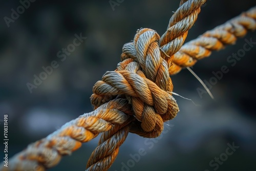 rope is twisted and tied securely, its fibers are visible and show signs of wear but remain strong