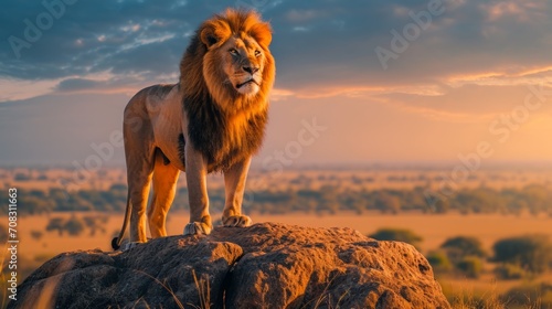 Majestic lion surveying the savannah at golden hour