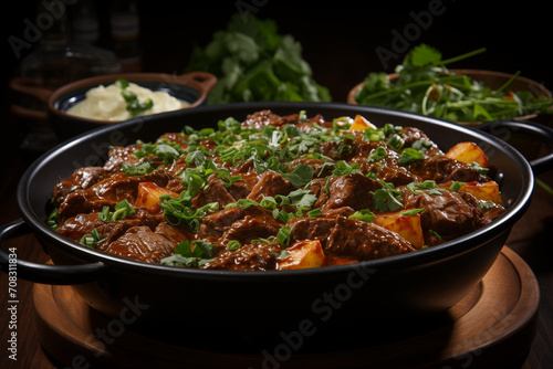 Spicy stir fried beef diced with garlic and coriander in black hot pan on wooden table.