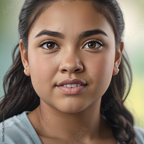 Close-up Portrait of a Determined Pacific Islander Teenage Woman - Soft Pastel Drawing Gen AI photo