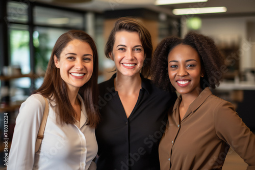 Business women. Portrait of multiracial group of beautiful and happy female employees standing in a modern office. Smiling office workers looking at the camera in a workplace.