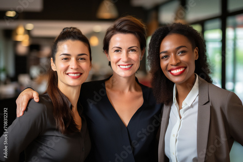 Business women. Portrait of multiracial group of beautiful and happy female employees standing in a modern office. Smiling office workers looking at the camera in a workplace.