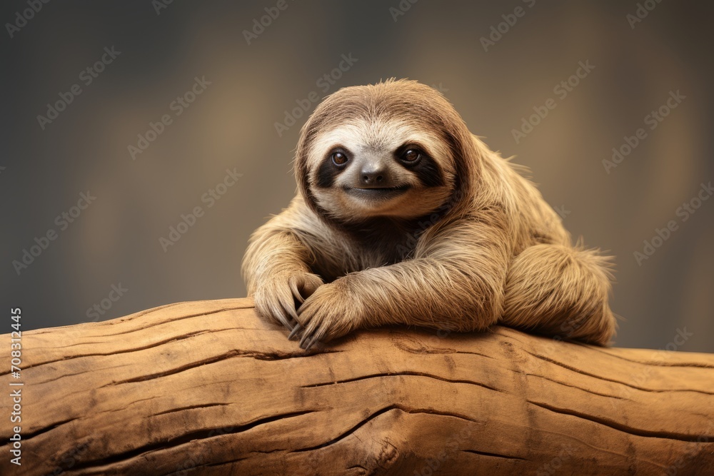 Fototapeta premium A sloth lounges atop a wooden log, its human-like characteristics on display.