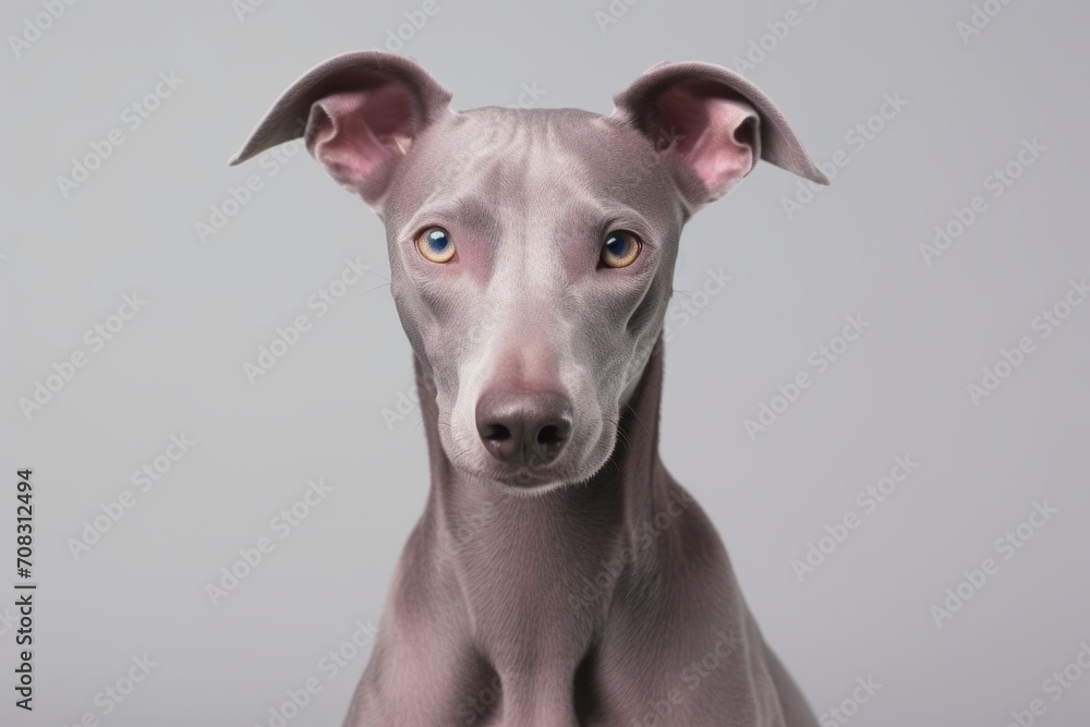 A hairless dog with striking blue eyes stands out against a gray background.