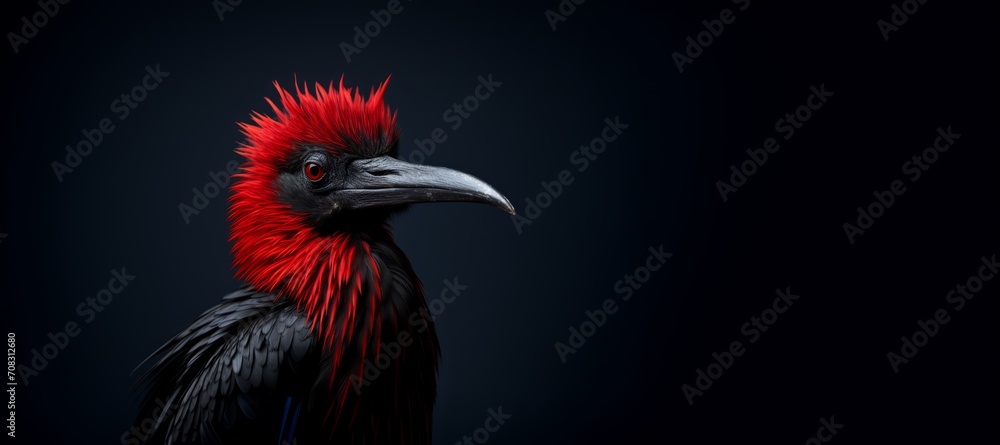 A vibrant red and black bird stands out against a black background.