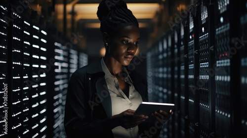 Female IT Specialist Uses Tablet in a server room, black system engineer woman analyzes data. Generative ai