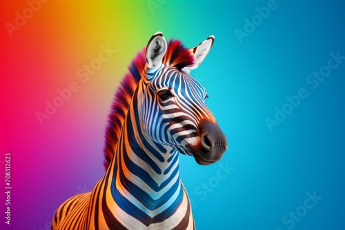 A zebra stands against a rainbow-colored background  its stripes adding to the spectrum.