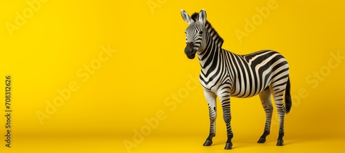 A zebra stands against a yellow background  its stripes adding to the vibrant scene.