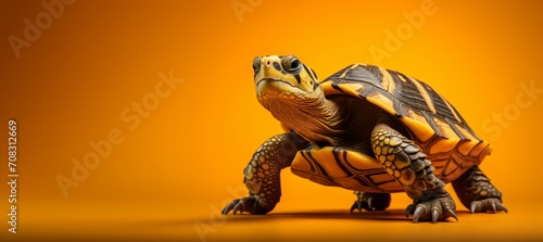 A tortoise stands out against a vibrant orange background. photo