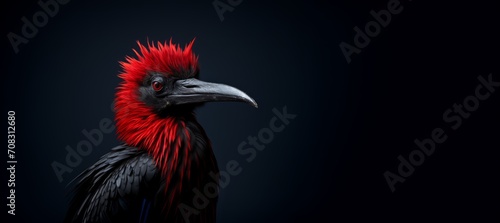 A vibrant red and black bird stands out against a black background. photo