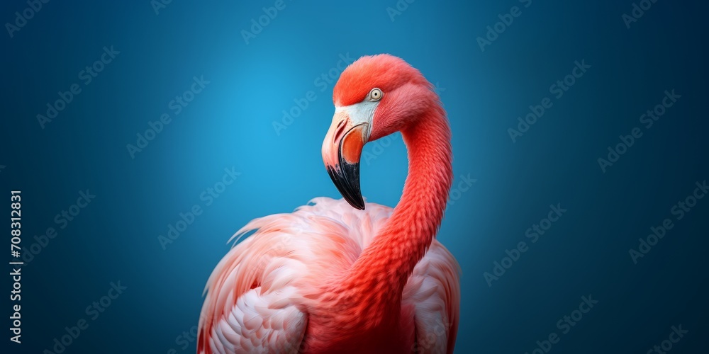Fototapeta premium A flamingo, its vibrant red color contrasting with the blue background, is part of a digital art animal photo.