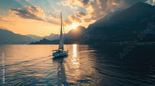 Luxury yacht sailing on a serene lake at sunset with mountains in the backdrop created with Generative AI Technology