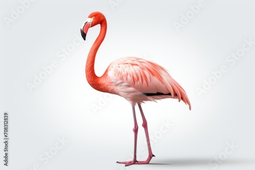 A pink flamingo, part of an animal illustration, stands on a white surface.