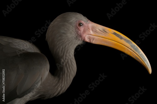 A large bird, its upper body and head prominent, is set against a black background.