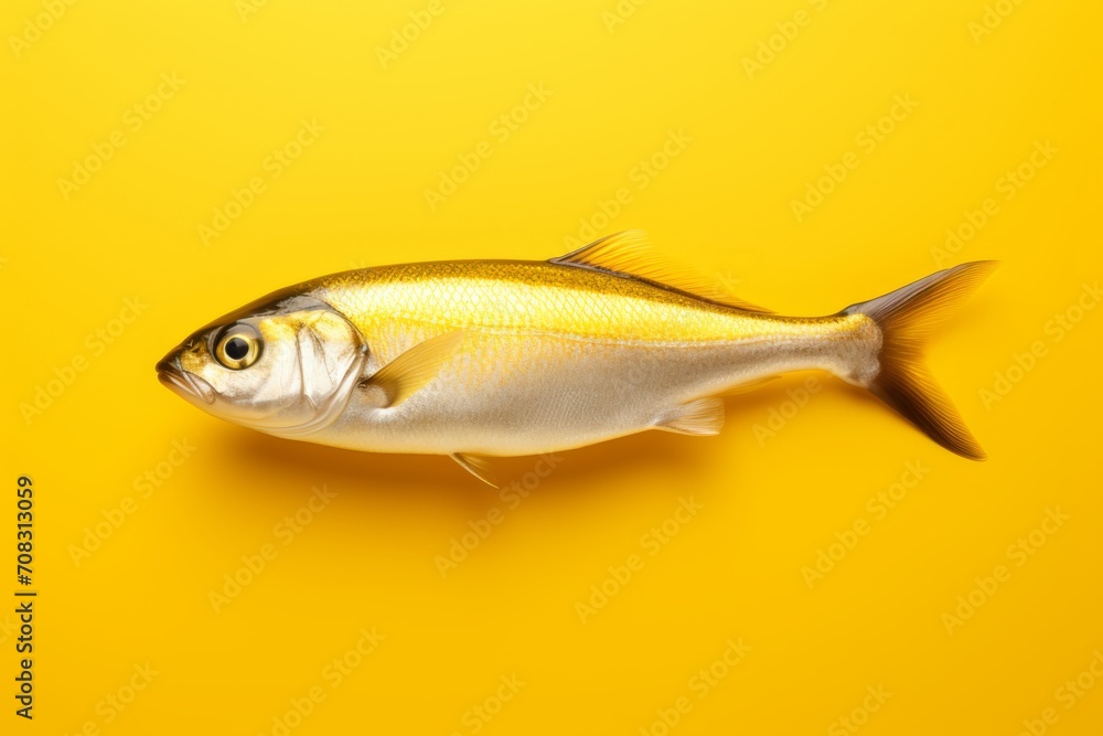 Fototapeta premium Bright yellow fish, their golden exoskeletons gleaming, stand out against a yellow background.