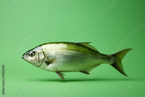 a fish flying overhead, set against a pale green background.