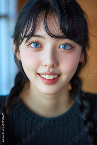 Diverse Elegance: Asian Girl with Blue Eyes Captures a Selfie, Blending Modern Identity and Cultural Pride in the Digital Age