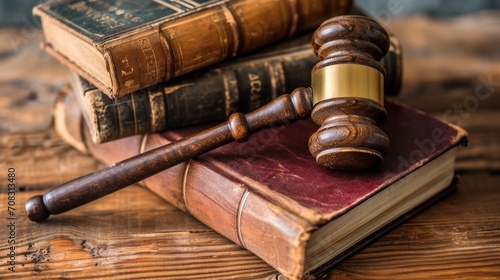 Classic gavel and set of law books on wooden table, representing legal authority.