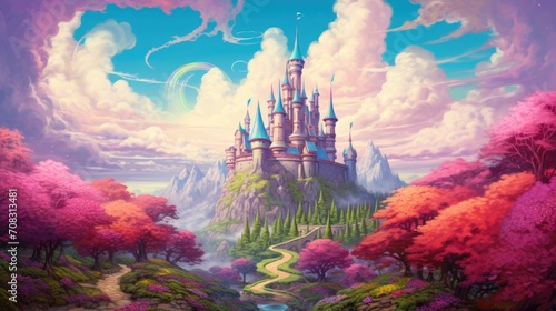 Fantasy castle amidst blooming pink trees under vibrant sky. Fantasy landscape and architecture. © Postproduction