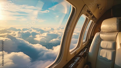Inflight entertainment at its finest marvel at the views of intricately shaped clouds while enjoying tingedge handheld devices on your private jet. photo