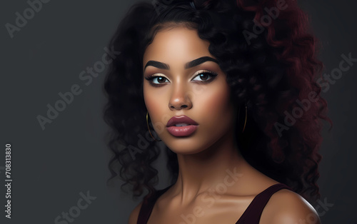 Black woman with burgundy red makeup. Burgundy lip gloss and eye shadow. Beautiful black woman with professional makeup closeup
