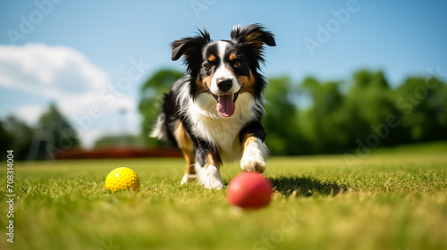 Happy Border Collie playing with toy balls in grass. Funny dog walking outside. Pet Day concept. AI generative.