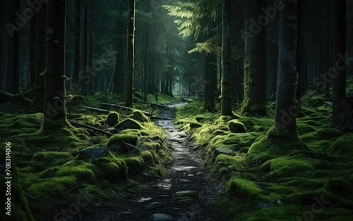 Enchanted Forest Path with Lush Green Moss and Sunlight