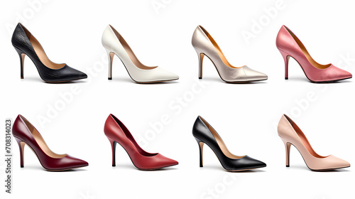 Female shoes collection. High heel shoes set in different styles and colors isolated on white background