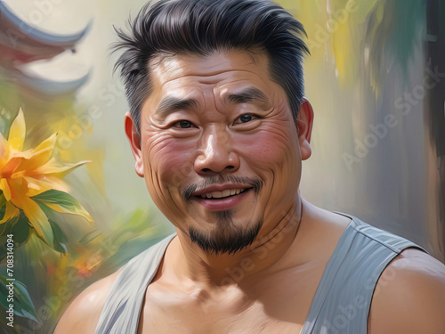 Close-up Portrait of Full-Figured Elderly Asian Man with Strong Expressive Emotion - Impressionist Digital Painting Gen AI photo