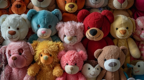 Assortment of cuddly stuffed animals in a colorful display