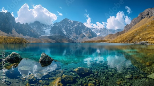 Majestic mountain range reflected in a serene lake under a clear blue sky