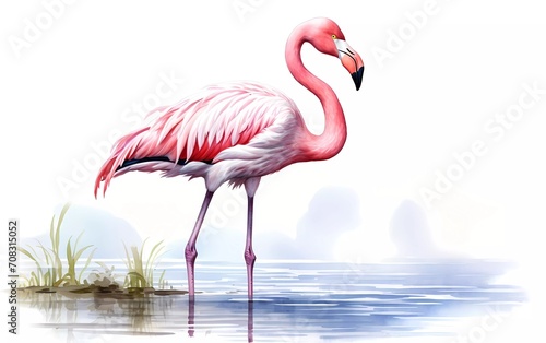 Pink Flamingo standing by the lake, in watercolor style, white background. generative ai
