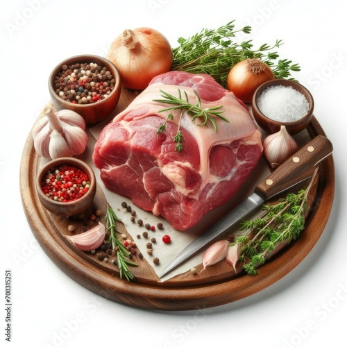 raw meat with cooking ingredients isolated on a white background