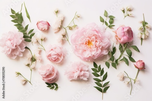 Decorative floral composition with pink roses, peonies, chameleucium flowers and green leaves on white table background. Flower pattern. Flat lay, top, Generative AI photo