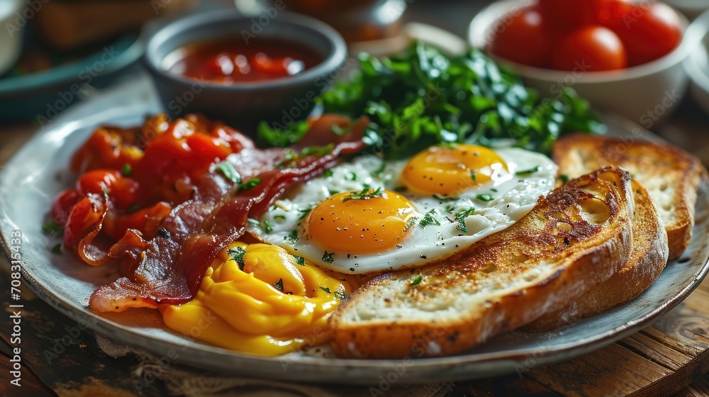 American breakfast big set on table with eggs fried,crispy bacon,grilled tomato and toast for advertising illustration.