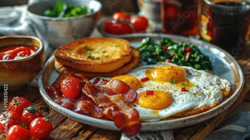 American breakfast big set on table with eggs fried,crispy bacon,grilled tomato and toast for advertising illustration.