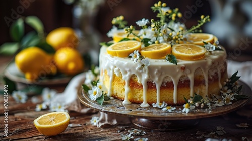 Lemon cake luxury style ,for birthday cake,dessert food concept and for presentation advertising with copy space.	
 photo