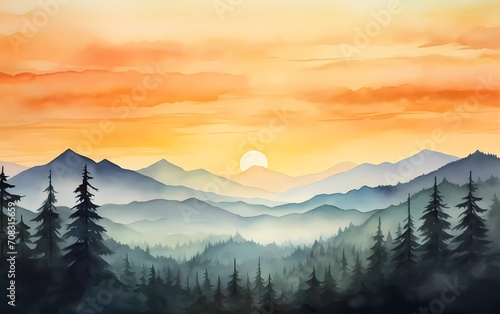 Sunrise scene with misty forest, distant mountains, and sunrise sky, in watercolor style. generative ai photo