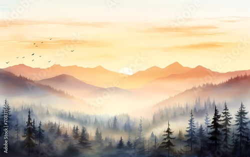 Sunrise scene with misty forest, distant mountains, and sunrise sky, in watercolor style. generative ai © KBL Sungkid