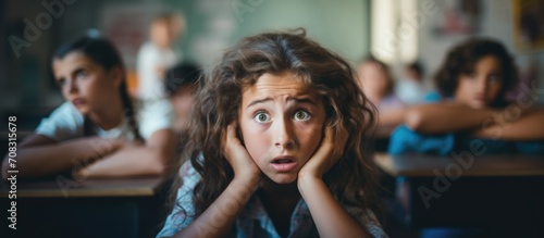 Confused girl in school desk attending classes with selective focus. High quality photograph.
