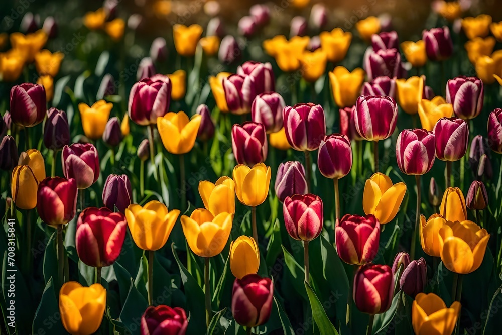 Picture the vibrant allure of Tulip spring flowers blooming gracefully in a field garden, each petal reflecting the perfection Picture the vibrant allure of Tulip spring flowers blooming gracefully in a field garden, each petal reflecting the perfection