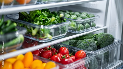 Stocked Refrigerator Shelves with Fresh Vegetables and Fruits
