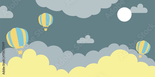 hand drawn cute wallpaper with clouds, ballons and moon. Wallpaper for a little princess. vector Wallpaper.