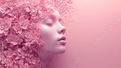 woman face with pink flowers in her hair © Meow Creations