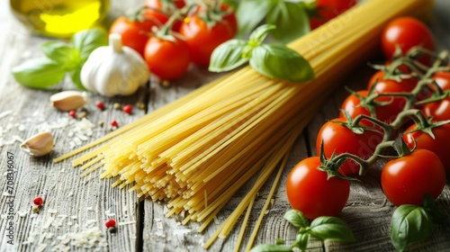 Spaghetti Pasta with Fresh Tomatoes and Basil on Wooden Table