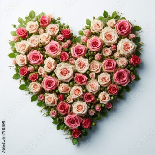 Valentines Day heart shape made with roses isolated on white background