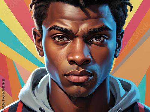 Intense Concentration - Close-up portrait of a lean, dark-skinned Eastern European teenage man with a vintage-inspired illustration Gen AI photo