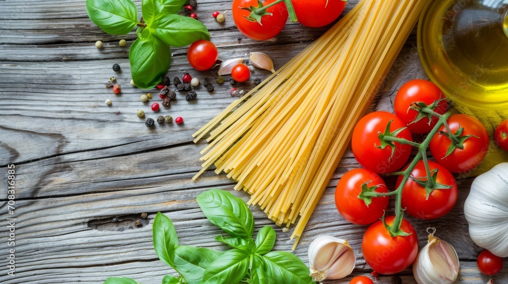 Fresh Spaghetti, Tomatoes, and Basil on Rustic Wood Fresh Spaghetti, Tomatoes, and Basil on Rustic Wood