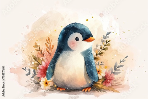 Watercolor cute happy penguin side view  standing up. Emerald colour accents with a minimalist floral background. Boho style  vintage style. Great as birth card for baby  child. Child room wallpaper.