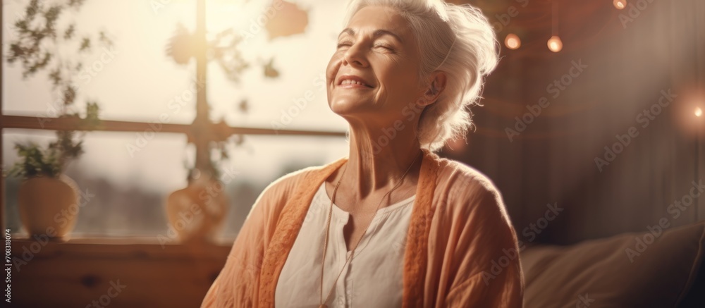Joyful elderly woman engaged in sound therapy while meditating at home.